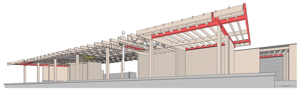 Perspective view highlighting skeleton structure of the roof